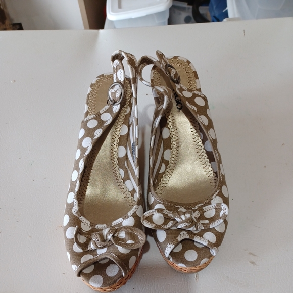 Bongo Brown White Open Toe Polka Dot Slip On Womens 9.5m Pre Owned - Picture 1 of 9